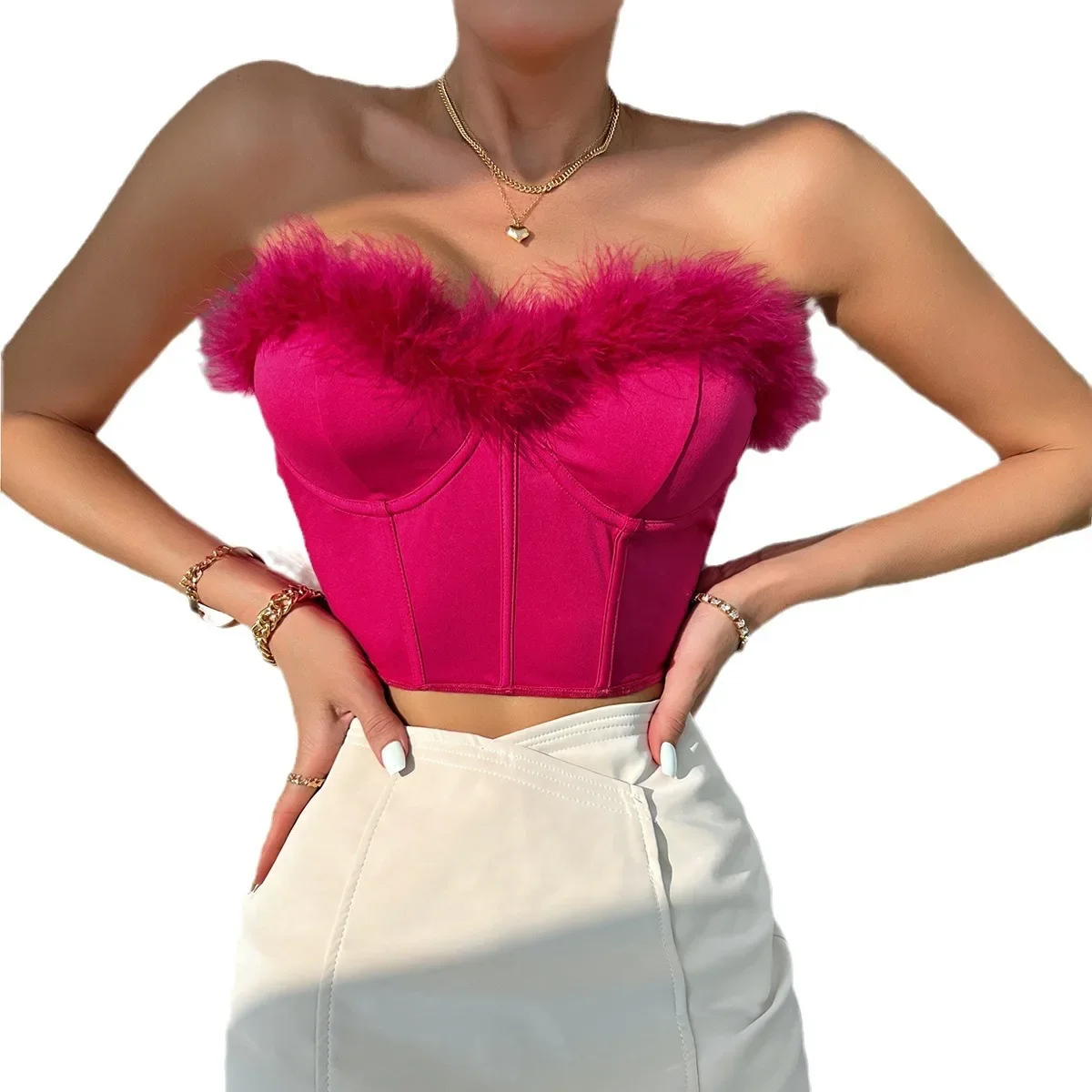 2024 Summer Women's Spicy Girl Low cut Eyelash Splice Short Feather Steel Ring Fishbone Womens tanks top CYDZ10338