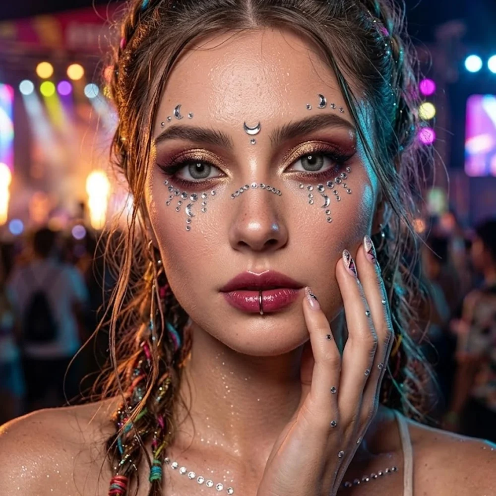 Fake Piercings Balls Stick on Nose Stud Fake Eyebrow Lip Hoop Medusa Labret Stud Adhesive Star Face Gems Rhinestone
