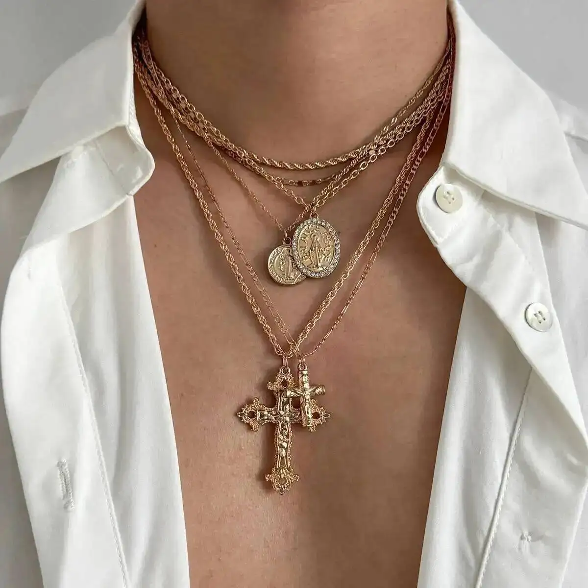 

IngeSight.Z 6Pcs/Set Vintage Gold Color Large Jesus Cross Pendant Necklace Women Men Punk Adjustable Clavicle Chain Jewelry Gift