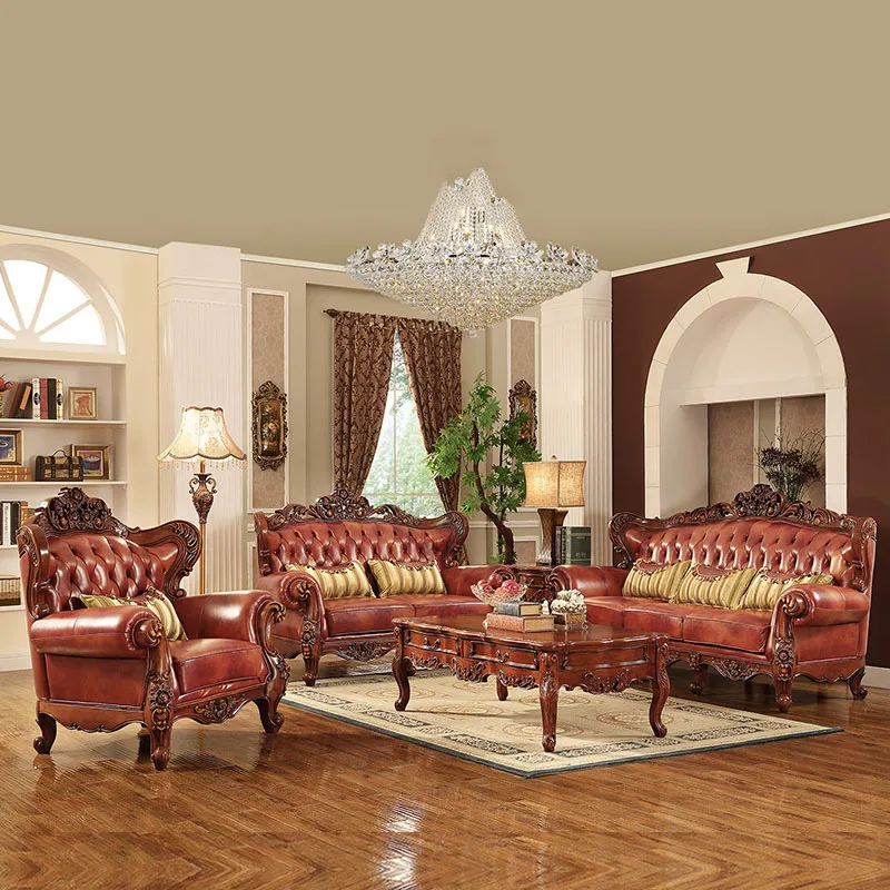 American Country Leather First Floor Sofa European Solid Wood Large Apartment Living Room Single Sofas Couch Furniture