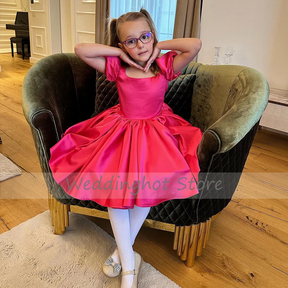 Satin Flower Girl Dresses Short Puff Sleeves Scoop A Line Flower Girl Gowns for Weddings Hot Pink Princess Child Birthday Dress