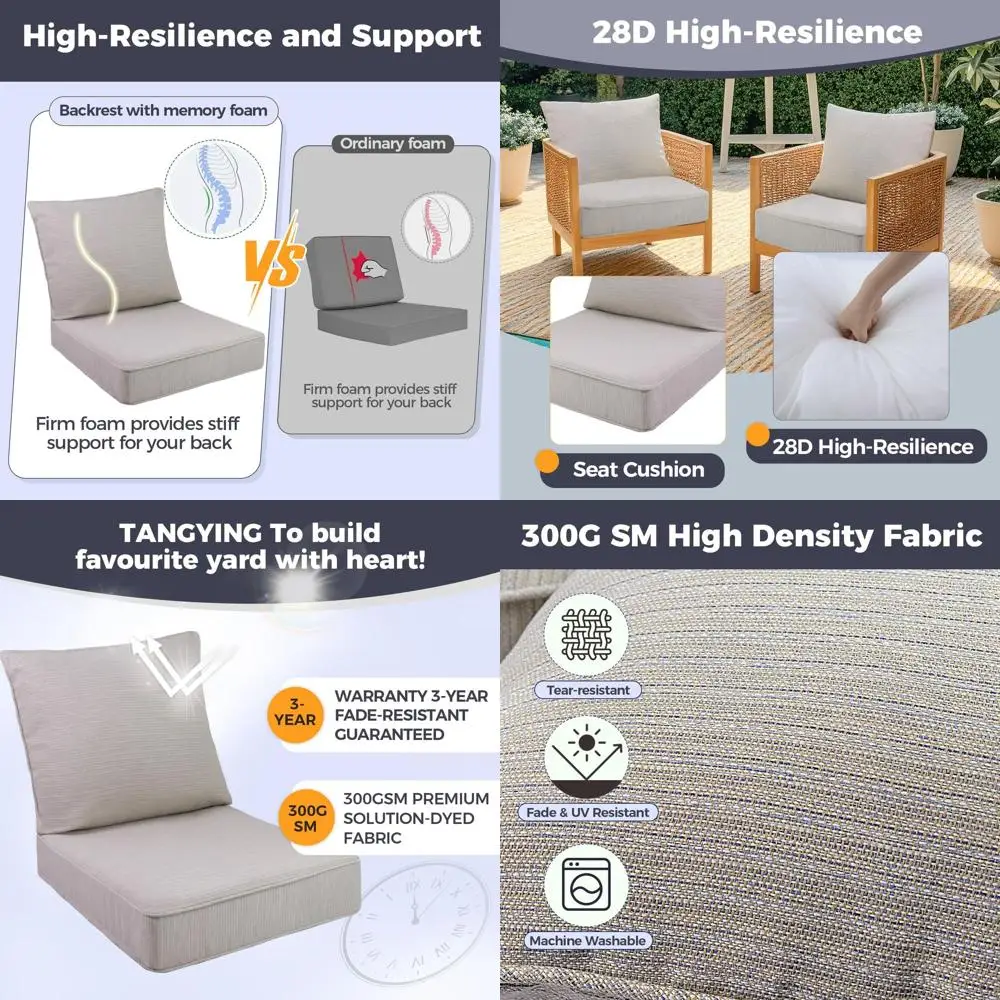 

Weatherproof Outdoor Cushion Set, 24 Square, Fade-Resistant for Patio Chairs, Removable Covers (Beige)