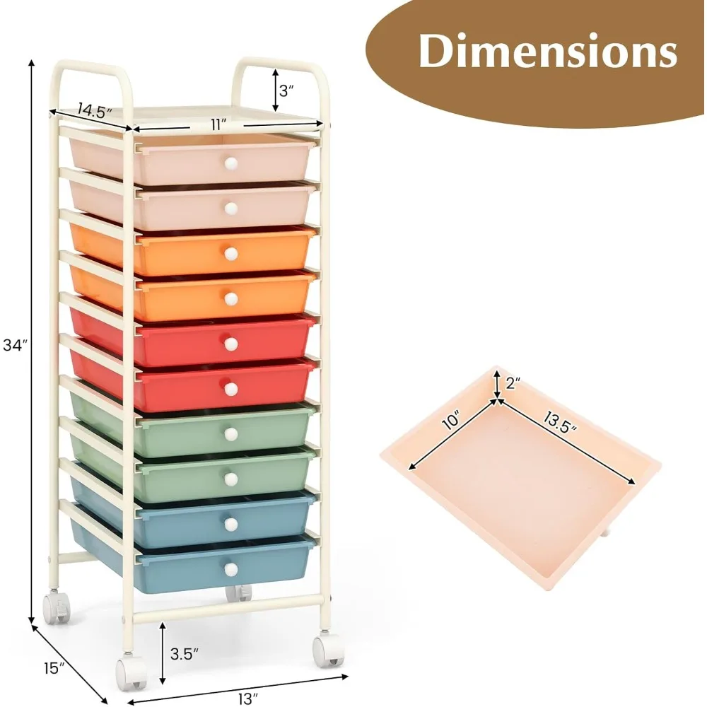 Rollwagen mit 10 Schubladen, abnehmbaren Schubladen, Stahlrahmen und Universalrollen für Dienstprogramm und Organisation