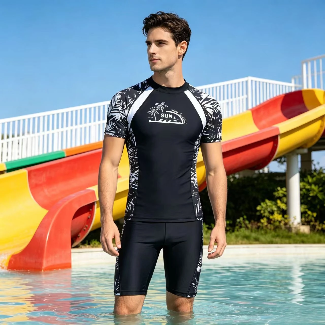 Men's Adult Swimwear Two-Piece Set, Short-Sleeve Sun Protection Swimsuit for Surfing and Snorkeling, Warm Thermal Men's Swimwear