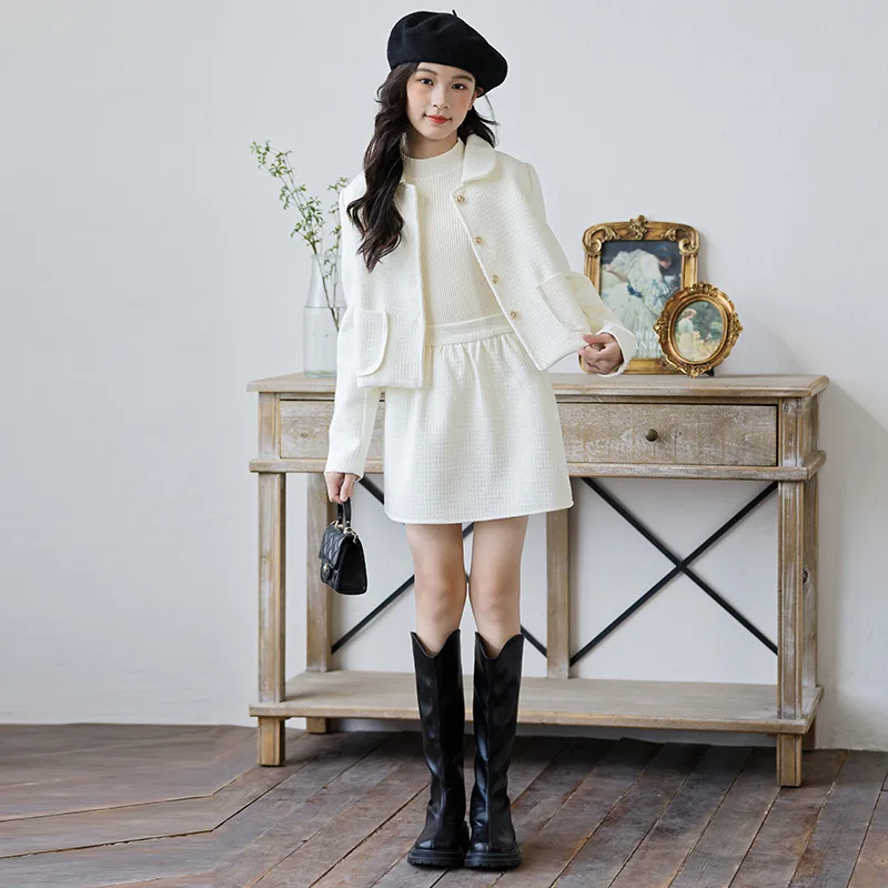 Girls White Small Fragrant Style Set Spring Autumn Fashion Sweet Cotton Temperament Jacket Half Skirt Two Piece Set