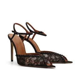 Black Lace Embroidery Pointed Toe Sandals Women's Slingback High Heels Banquet Wedding Pointy Stiletto Heels
