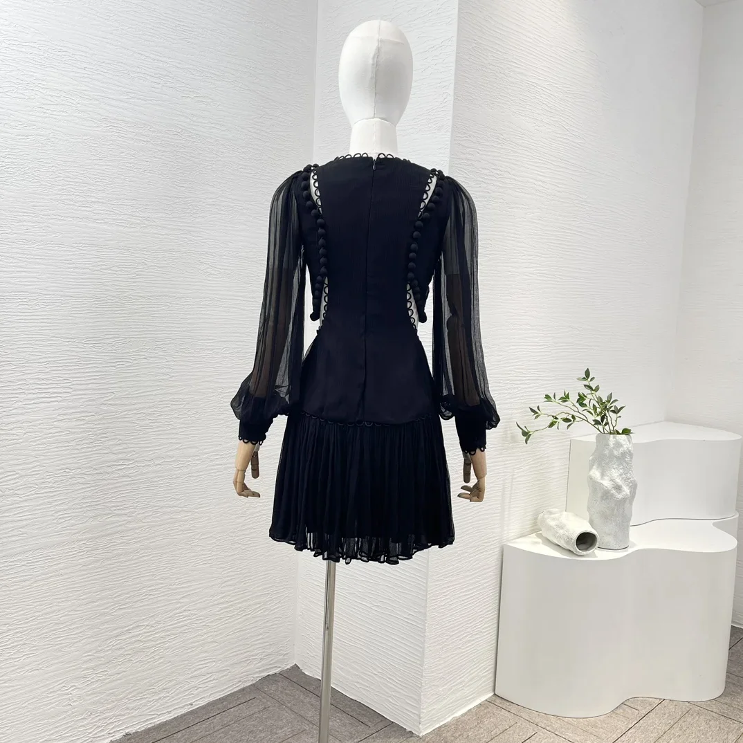 2024 New Summer Spring Elegant Black Cut Out Ruched Pleats Full Lantern Sleeve Women Midi Dress