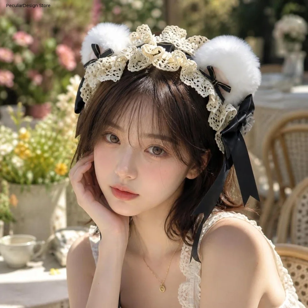 Casual Lace Ruffle Bear Ear Headband Big Bow Sweet Lolita Headband Fluffy Plush Cute Style Cosplay Hair Accessory Halloween