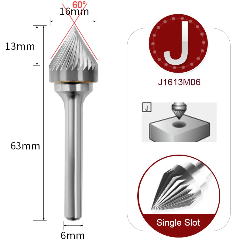 J JX Type Carbide Rotary Files Burr for Woodworking Drilling Metal Carving Engraving Polishing 6mm 1/4