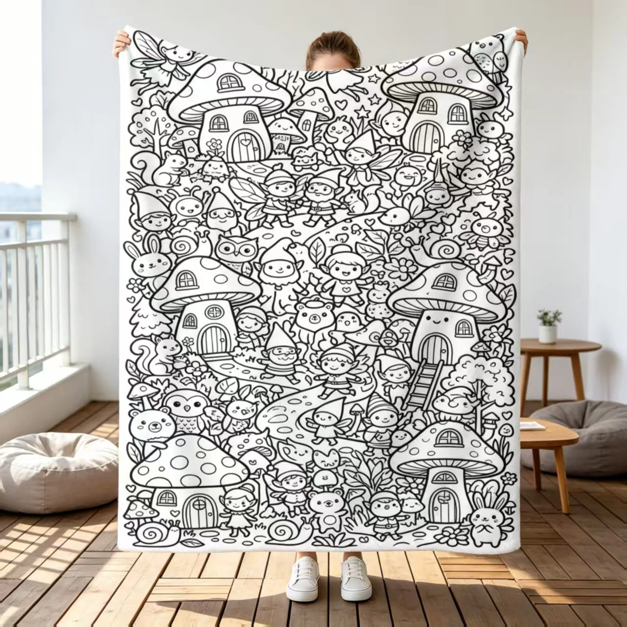 Schwarz-weiße Line-Art-Überwurfdecke mit verschiedenen Skizzenmustern, Handherz-, Blumen- und Naturdekor für Sofa und Schlafzimmer – Detail 1