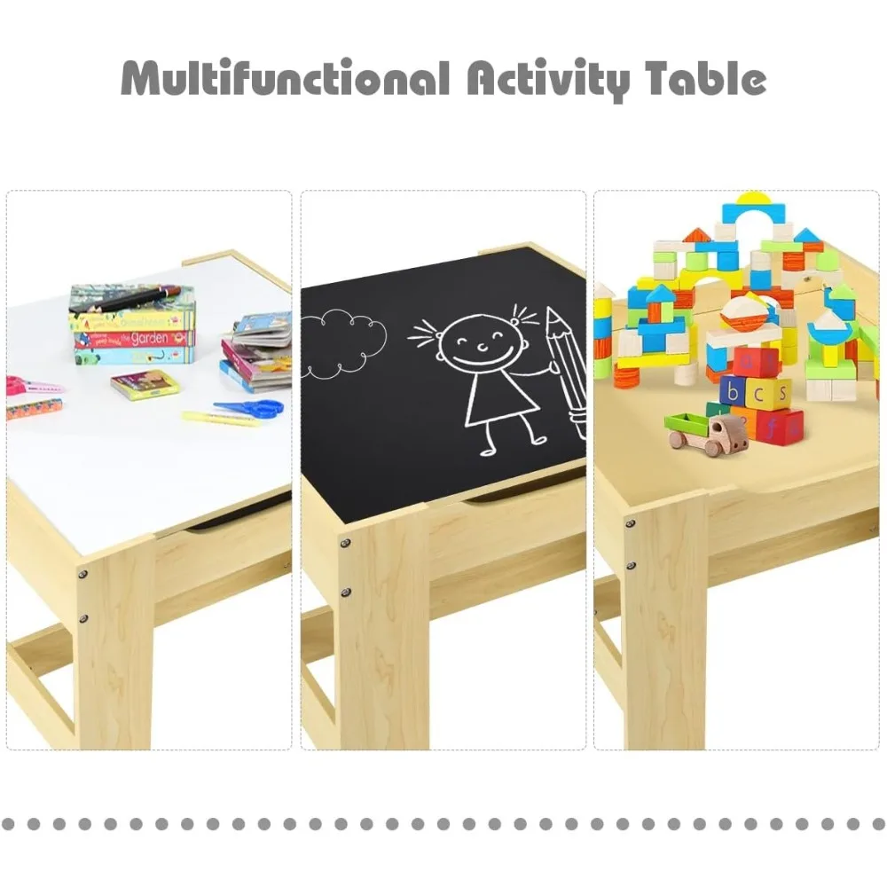 Kids Table and Chair Set, 3 in 1 Wooden Activity Table with Storage Drawer, Detachable Tabletop