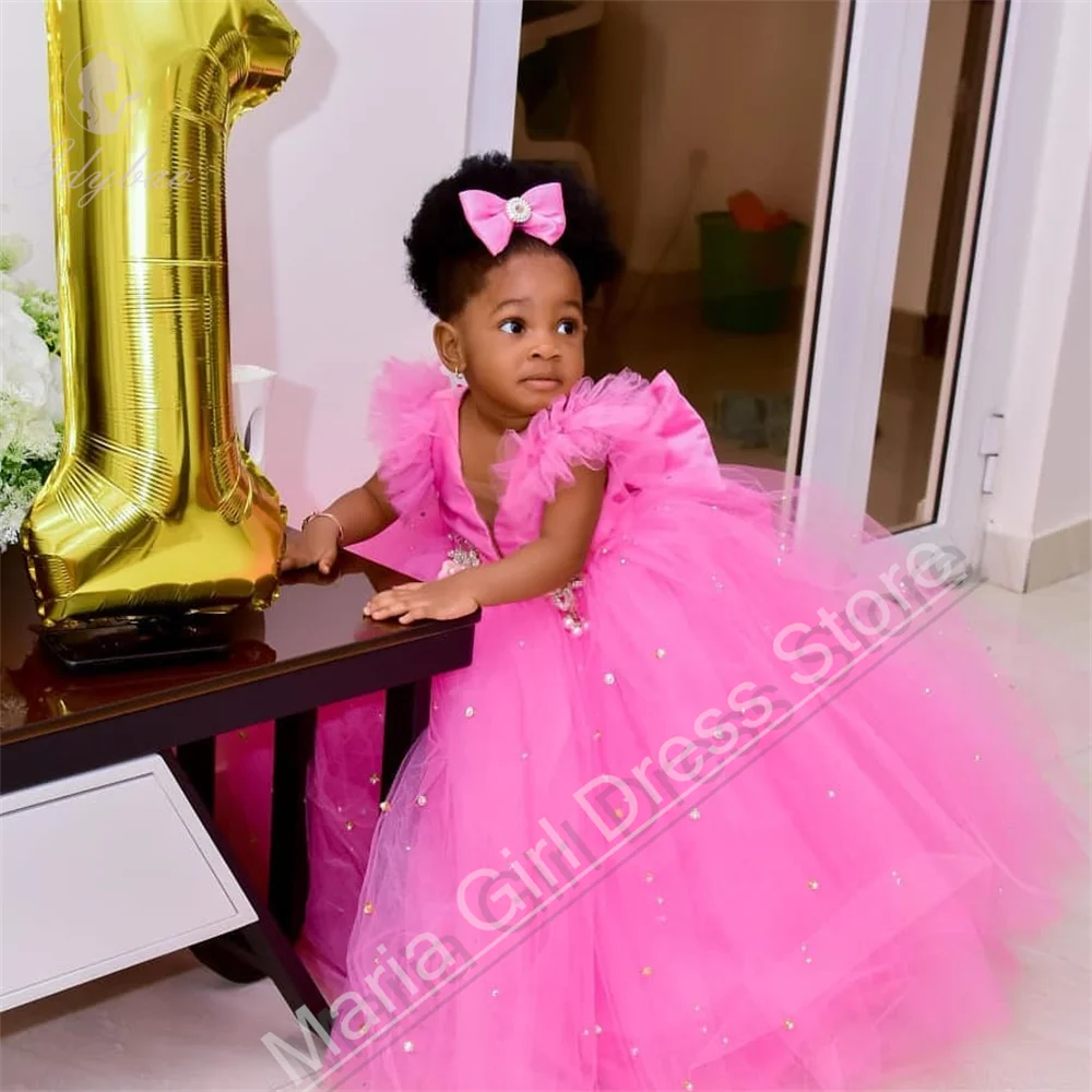 Pink Cute Mesh Fluffy Beautiful Children's Birthday Dress Suitable For First Communion Party Performance Customizable