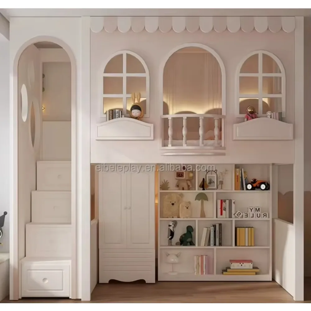 غرفة نوم الأطفال، سرير خشبي رائع بطابقين مع مكتب أسفل وخزانة تخزين الكتب لغرفة الأطفال