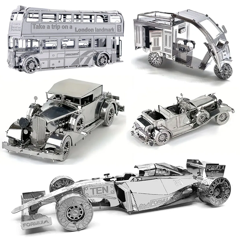 لغز معدني فضي/لون ثلاثي الأبعاد يمكنك صنعه بنفسك نموذج سيارة كلاسيكية ذات طابقين حافلة يدوية تجميع دراجة نارية لعبة ألغاز للأطفال هدية