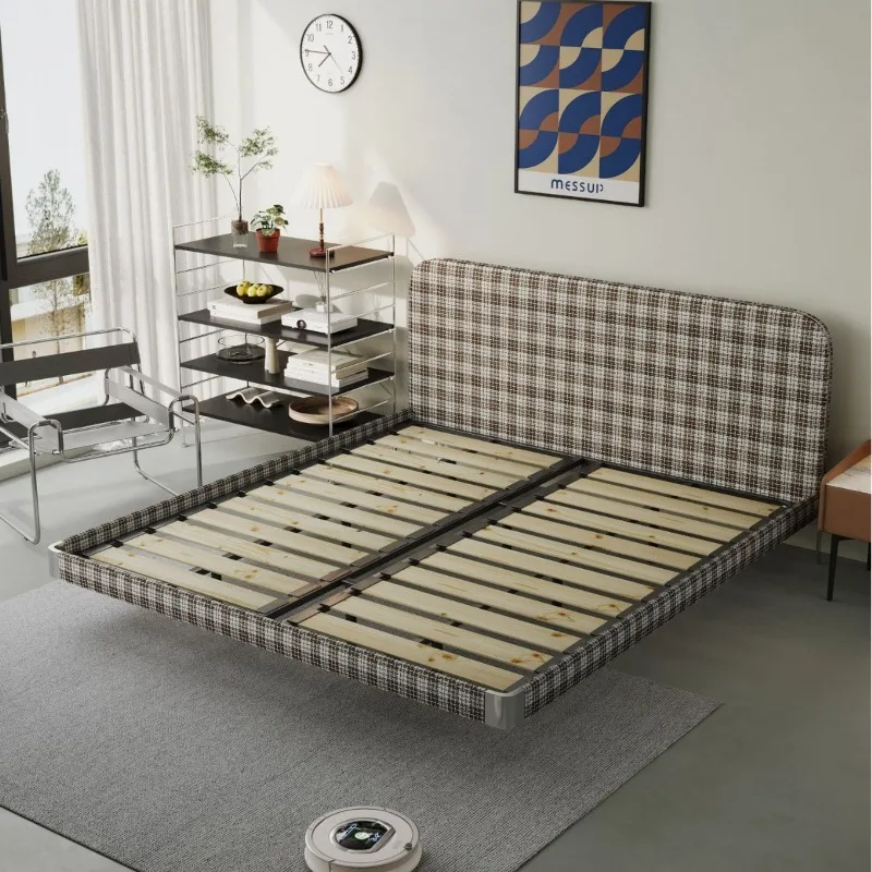 Steel frame fabric bed High-end carbon steel master and second bedroom knitted thin bedside modern simple double bed