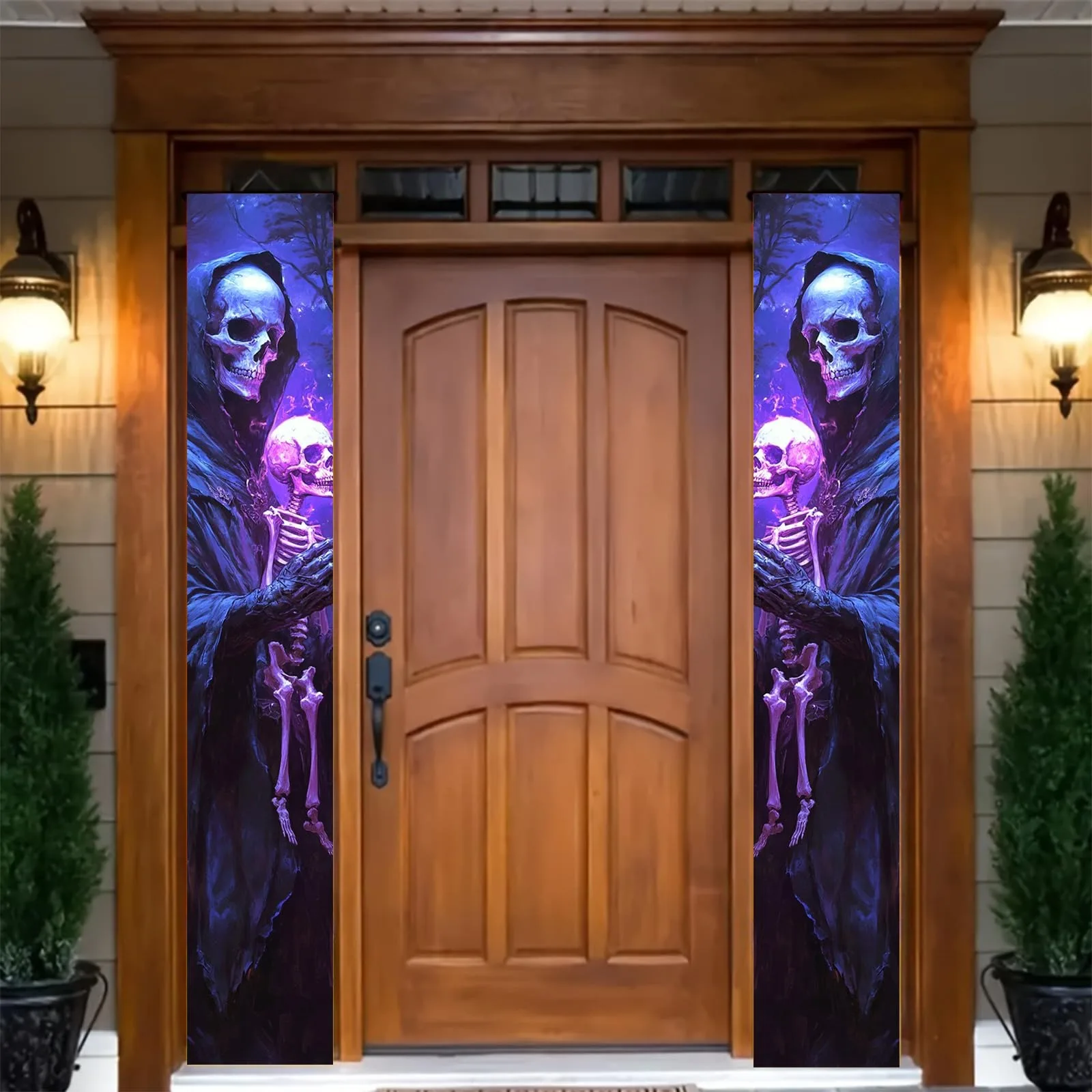 Halloween Sensenmann-Skelett Vertikales Veranda-Banner mit Lila Leuchteffekt, Haustür-Dekoration, Hof-, Geisterhaus-, Horror-Bar-Wanddekoration