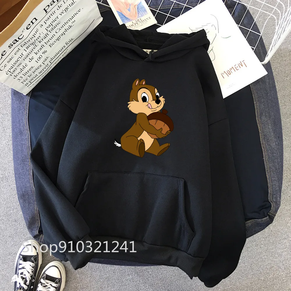 Cartoon Graphic Chipmunk Hoodies para Mulheres, Chip e Dale Hoodie, Pullovers pretos impressos, Moletons Unisex, Roupas Femininas