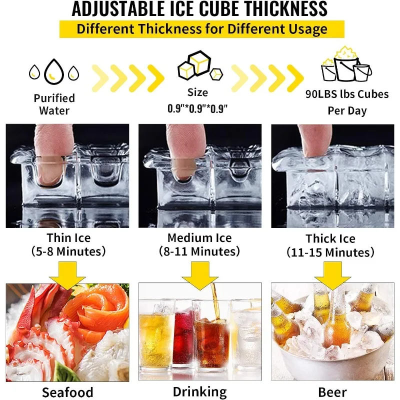 VEVOR mesin pembuat es komersial, 90LBS/24 jam 33LBS Bin, Upgrade baja anti karat komersial mesin es untuk resurant Bar rumah
