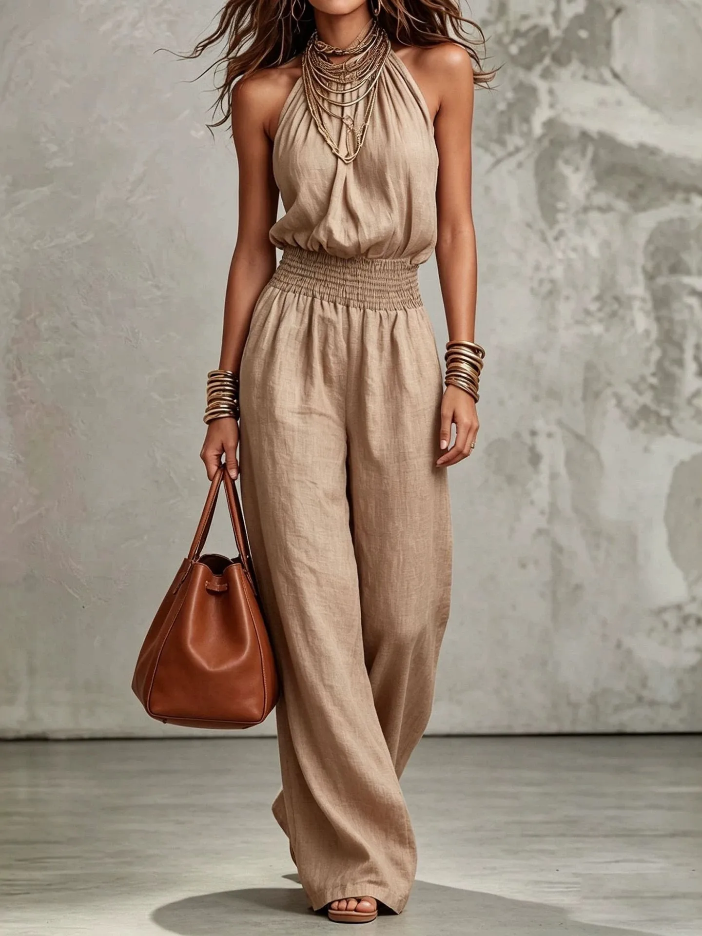 Pure Color Sleeveless Neck Tie Jumpsuit Women's Street Style Long Pants Polyester Fiber Straight Cut Summer 2026 China Made