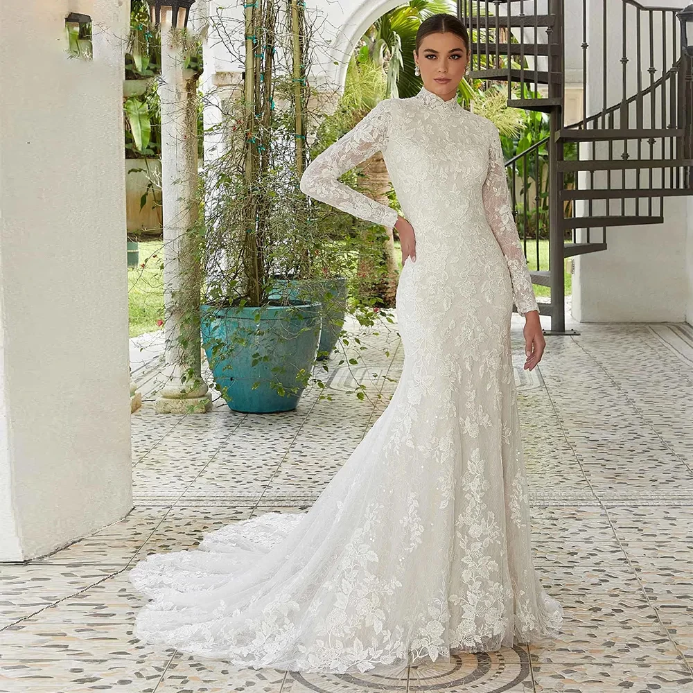 

Haohao 2024 Elegant High-Neck Wedding Dresses for Women Full Sleeves Fit and Flare Lace Court Train Floor-Length Robe De Marie