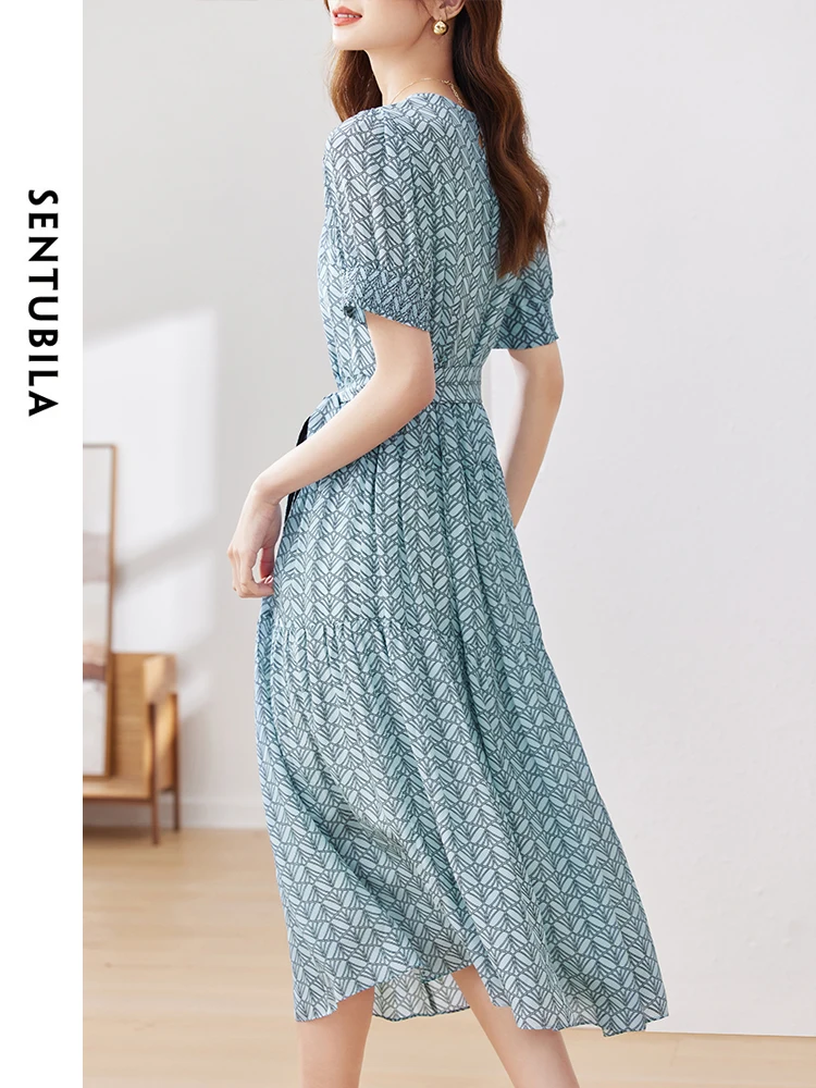 SENTUBILA Summer Round Neck Printed Midi Dress for Women 2024 Fashion Lace-up Straight Elegant Short Sleeve Dresses 132L49333