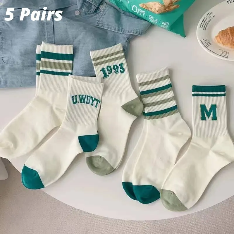 5 Pairs Women\'s Socks Classic Striped Letter Print Fashion Girls Cute Harajuku Socks Casual Female Cool Skateboard Socks