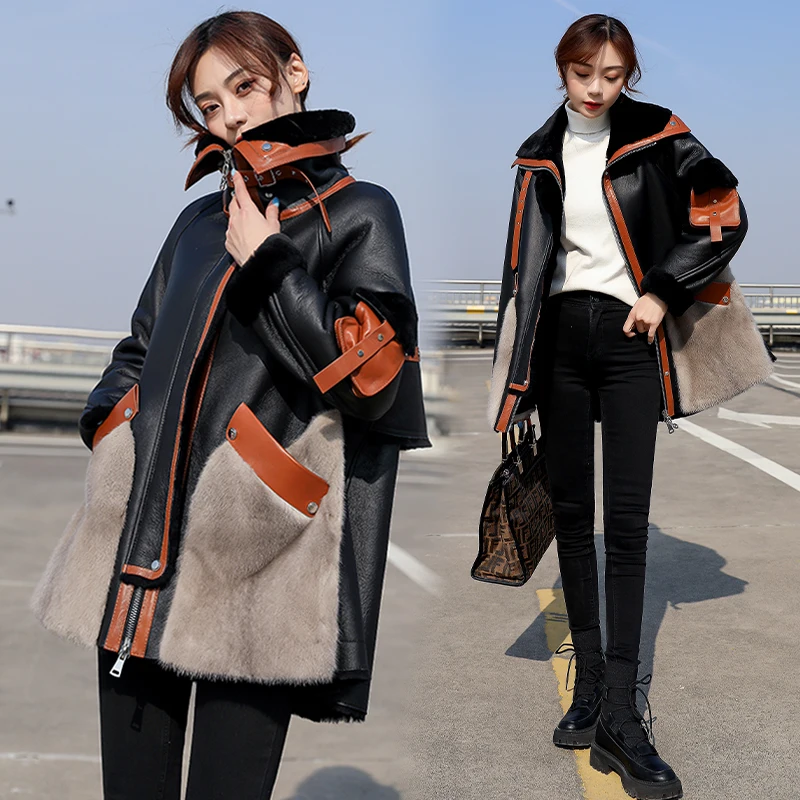 2023 New Winter Leather Jackets Women's Splice Fur Coats Winter Jackets Thicken Warm Parkas Coats Middle-Long Faux Fur Coat