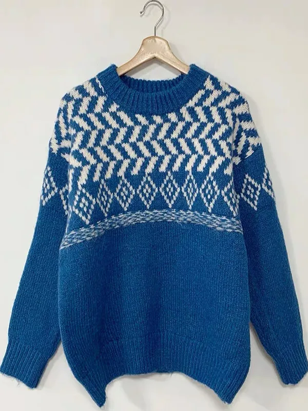 Maglione floreale blu Vestibilità ampia Top lavorato a maglia da donna Autunno Inverno Faion T-shirt casual comoda per capispalla