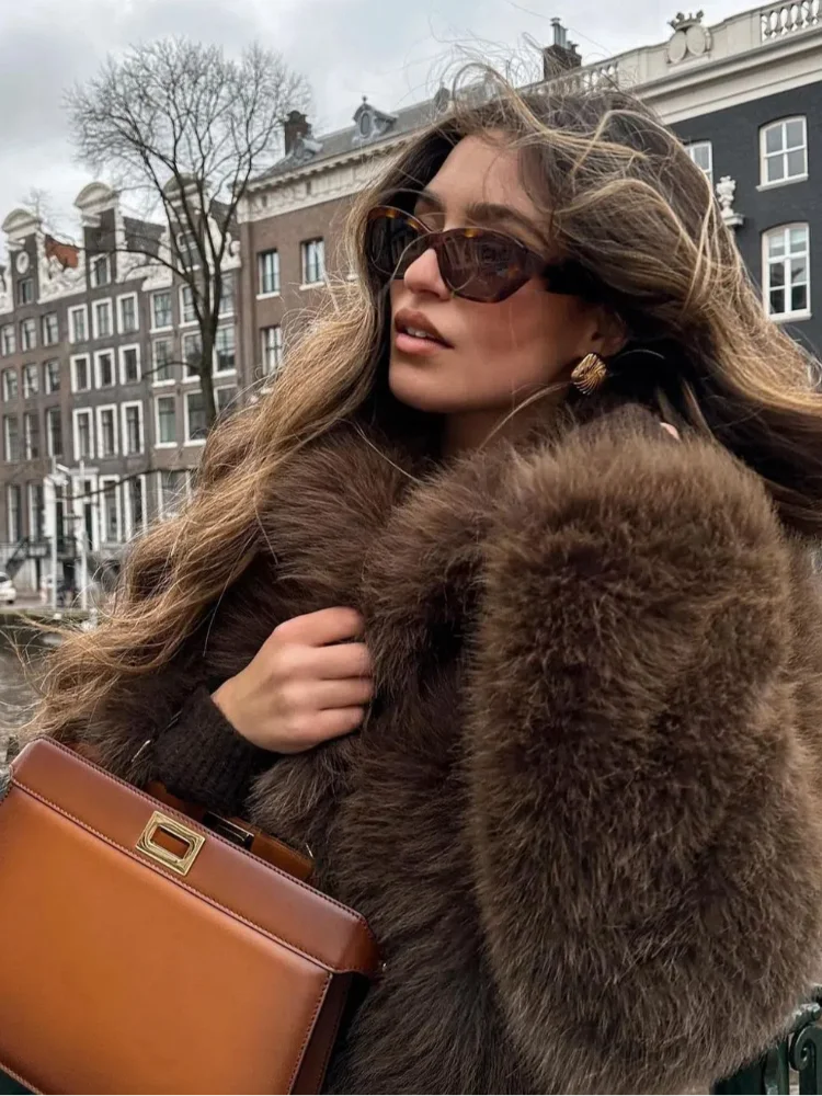 Casaco de pele sintética fofo para mulheres, vintage, casual, monocromático, aberto, elegante, chique, solto, rua, marrom, moda feminina, quente, inverno