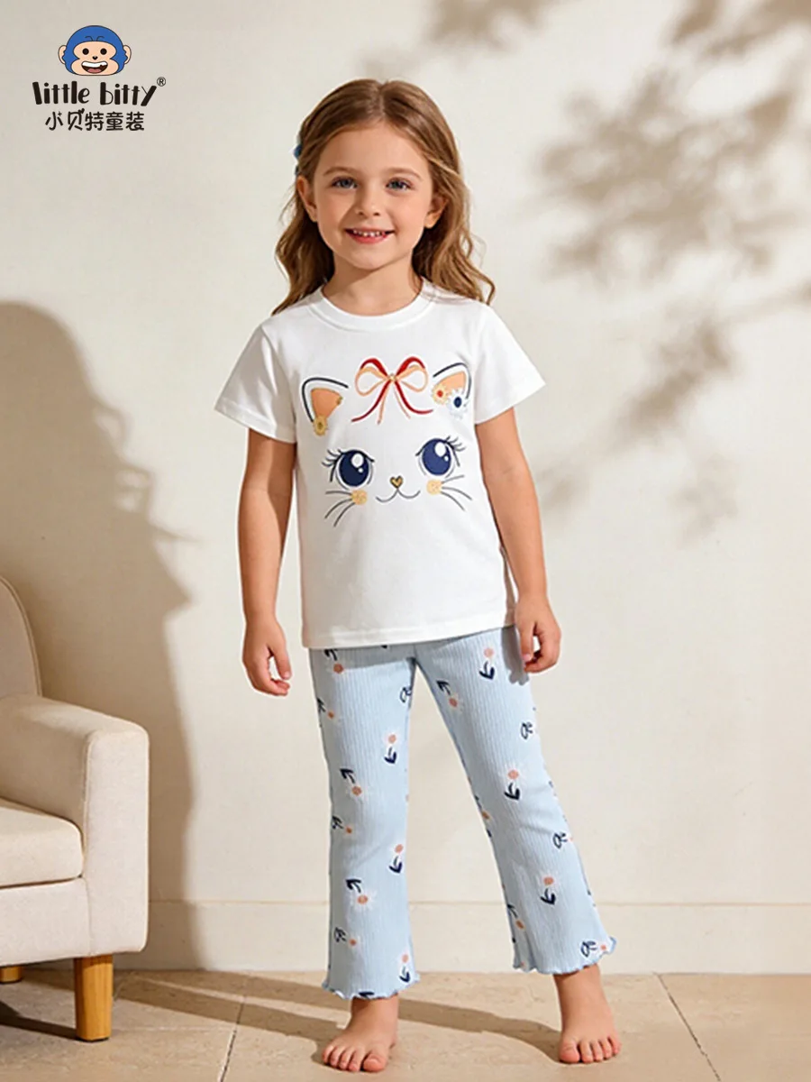 

Summer Girls' 3-8 Years Old Short-Sleeved Long-Pants Two-Piece Set Cute Cartoon Animal Print Round-Neck Top with Matching Pants