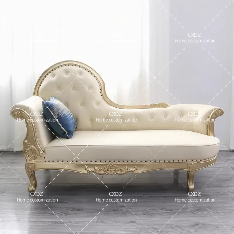 European Champagne Gold Solid Wood Carved Flower Chair Bedroom Balcony Leisure Beauty Couch Fashion Cream Style Recliner Sofa