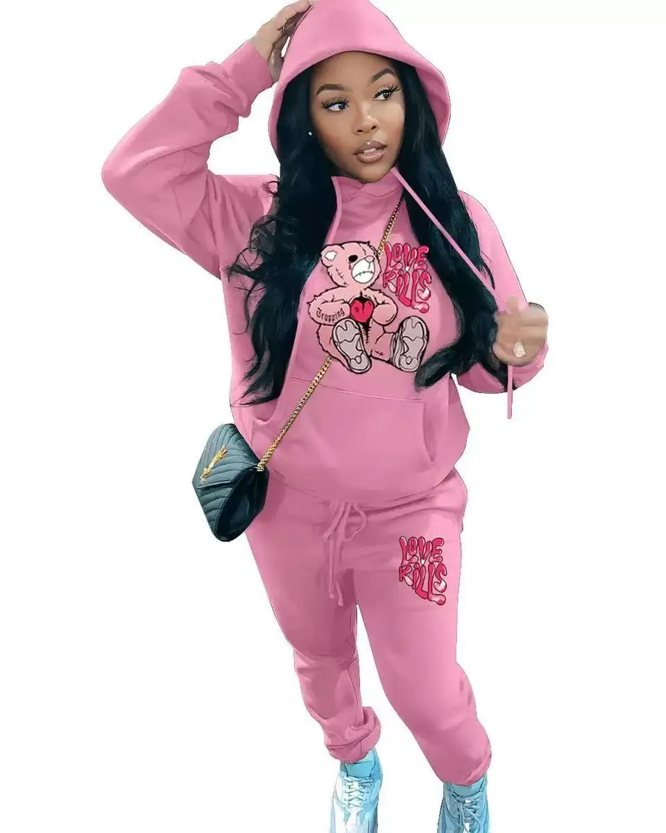 Autumn and winter women's fashionable and comfortable fall shoulder sleeve long sleeved round neck hooded sweatshirt set 4