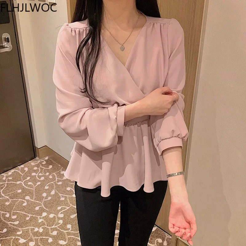 Korea Chic Tops Blusas Women Fashion FLHJLWOC Office Slim Elastic Waist Belly Peplum Top V Neck Solid White Shirt Pink Blouse