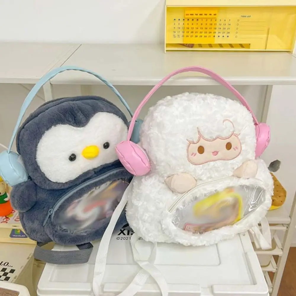 Mochila de pingüino con auriculares de bolsillo transparente, muñeca de cordero de peluche, Itabag JK Lolita, juguete de peluche, bolso de hombro de Animal para estudiantes