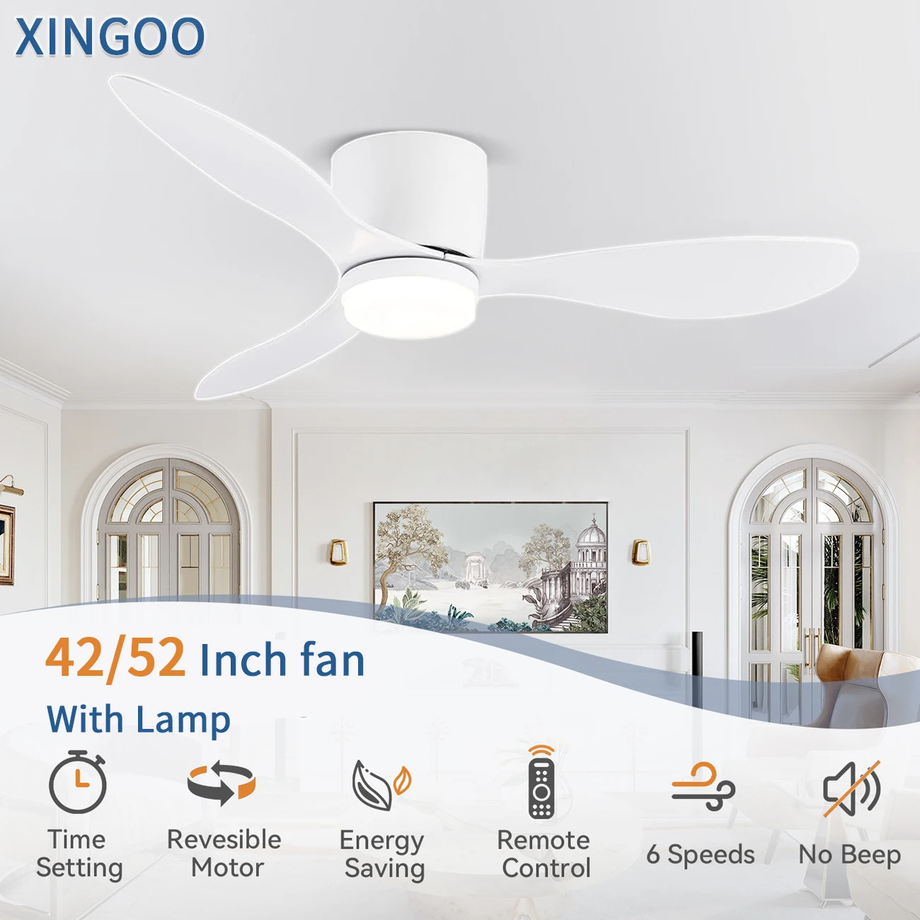 

42Inch Mount Ceiling Fan Light with 3 Colors, 6 Speeds, Timing, Low Profile Ceiling Fan with Remote Control Bedroom Dining Room