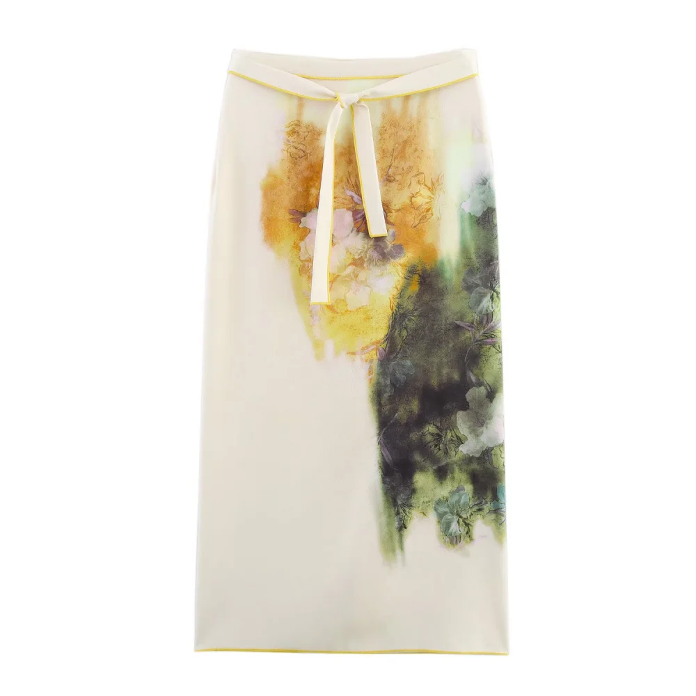 

UNIZERA Women's Seam Loose Skirt High Waist Split Waist Belt Printed Spring/Summer New Fashionable Half Skirt