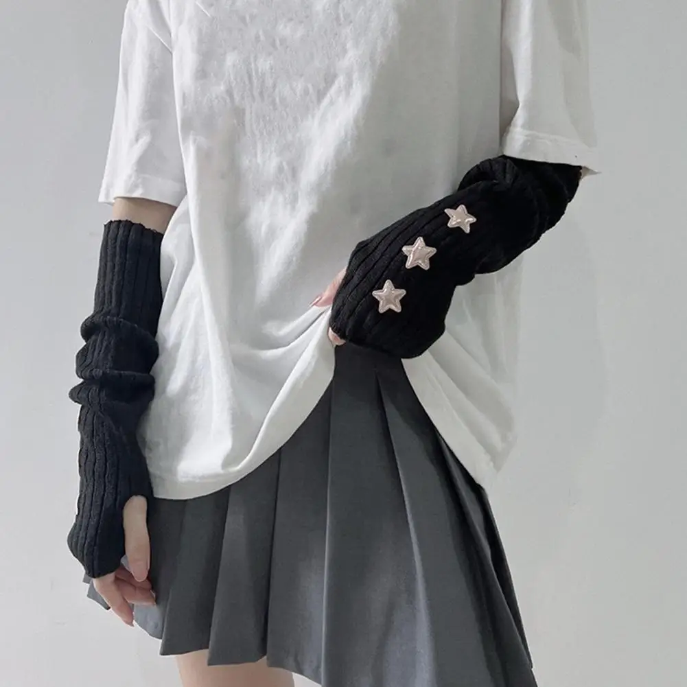 

Women Thermal Gloves Lolita Style Fingerless Knitted Star Patchwork Arm Sleeves for Women Girl Streetwear Jk Party Accessories