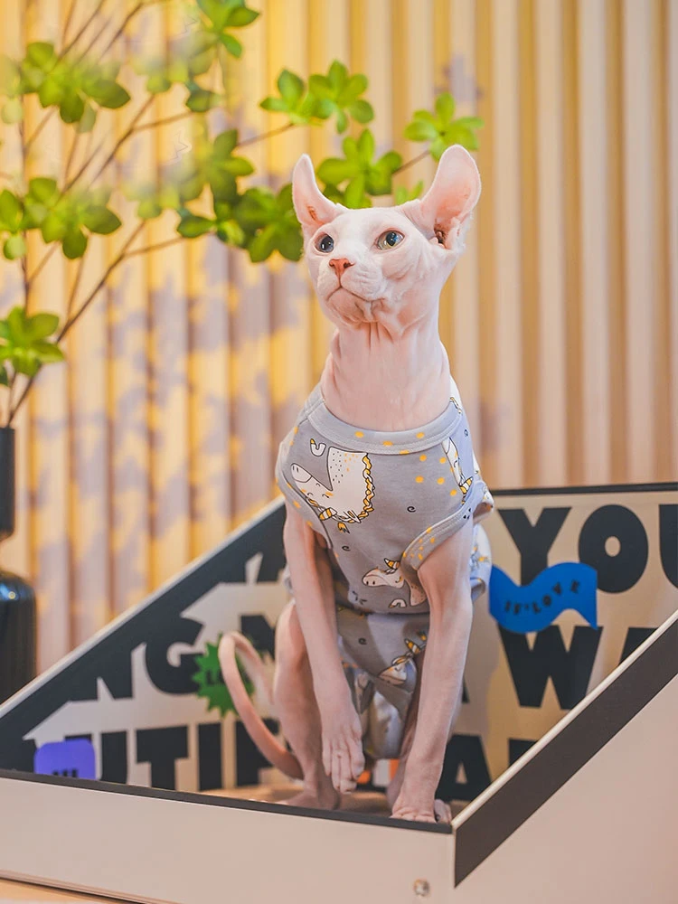 Grey Cotton Shirt for Sphynx Cat Soft Sleeveless Jumpsuit for Kittens Summer Vest For Devon Rex Spring Coat for Hairless cat