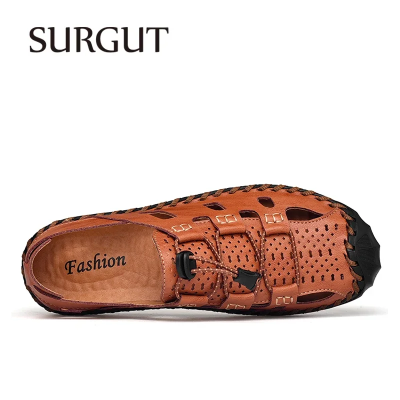 SURGUT Men's Sandals 2024 Summer New Non-slip Leather Sandals Soft Slippers Zapatos Flat For Mens Casual Shoes Sandalias Size 48