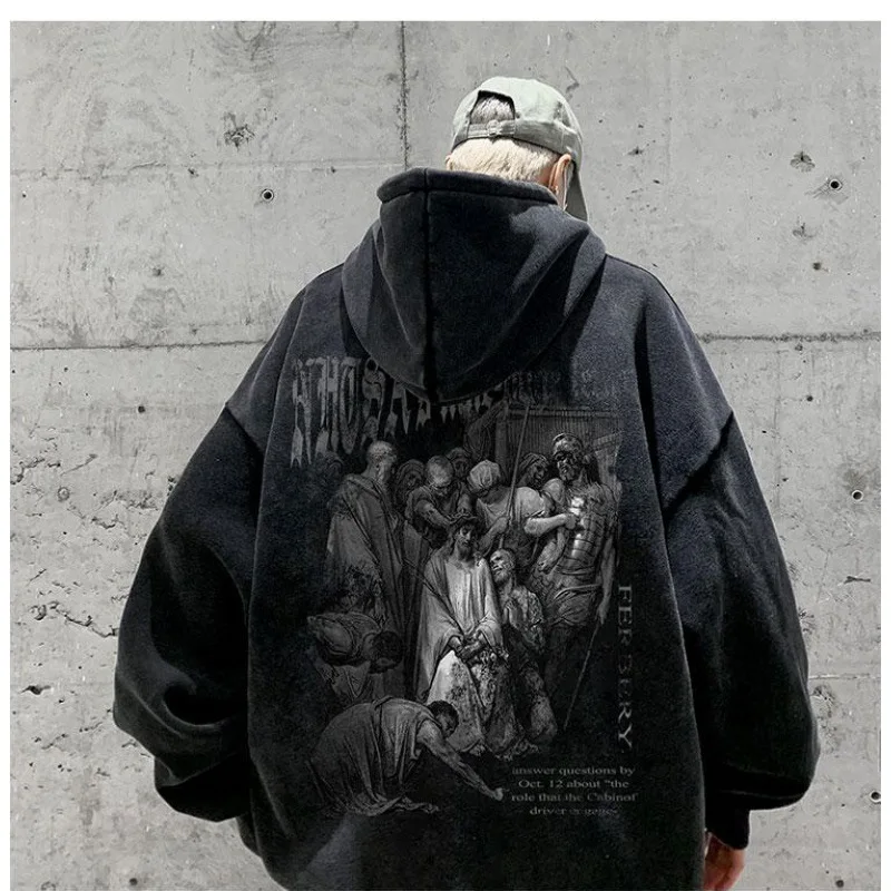 

Unisex Vintage Washed Cotton Hoodie Heavyweight Art Painting Graphic Oversized Loose Fit Spring Autumn Hooded Sweatshirt