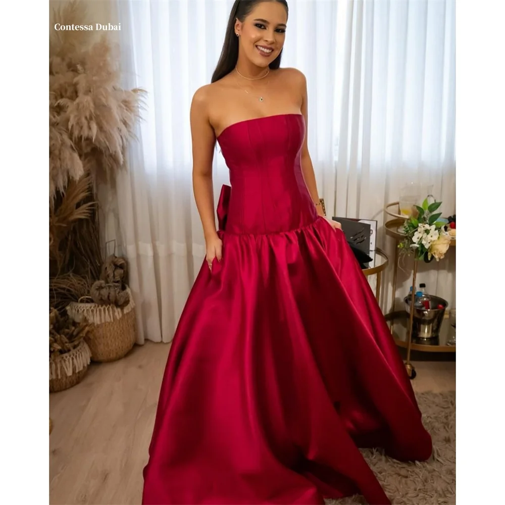 

Contessa Dubai Burgundy Off Shoulder Bow Prom Dresses A-line Lace-Up Customized فساتين سهرات Long Train robes de soirée