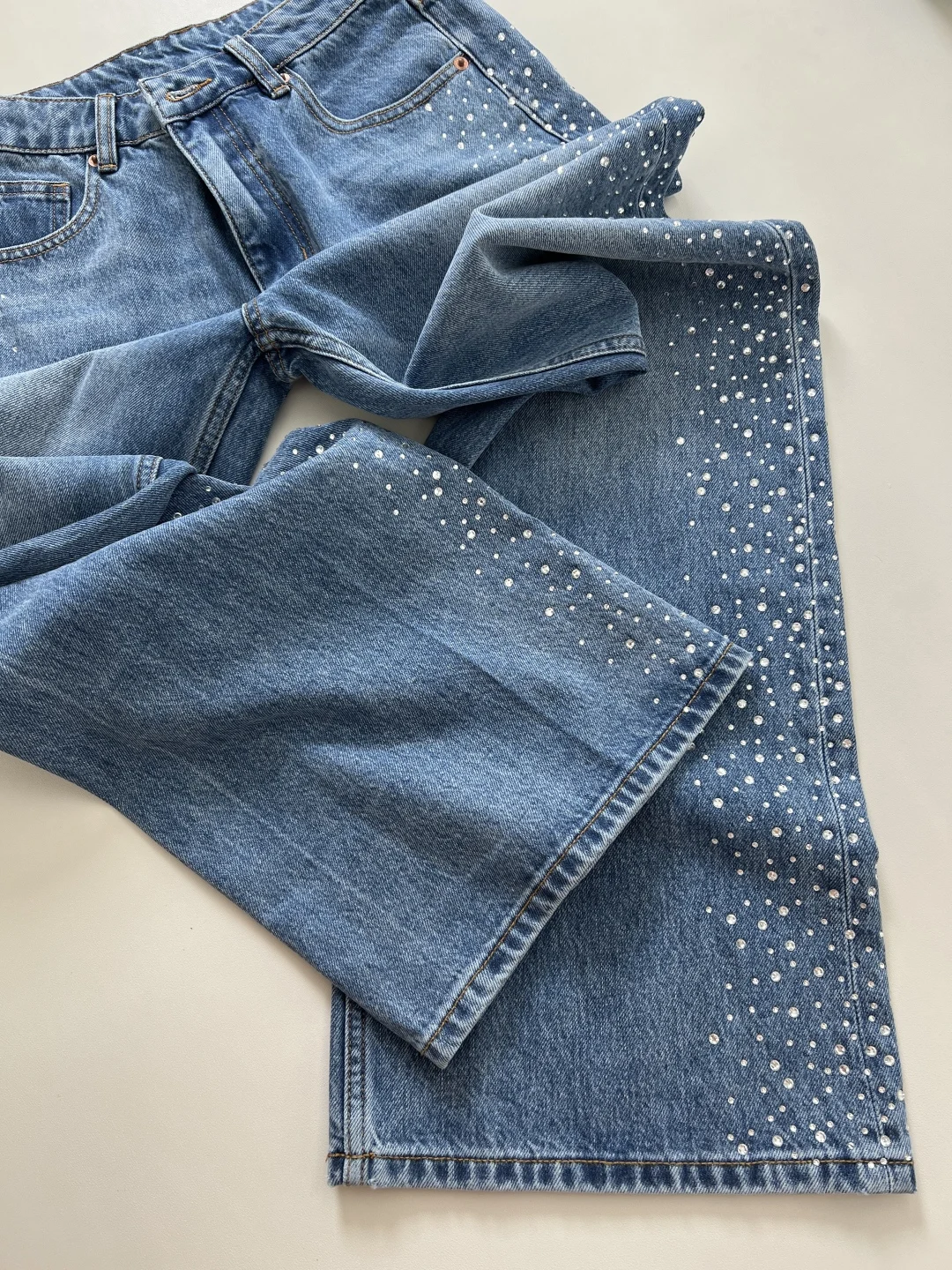 Jean droit à perles lourdes pour femmes, pantalon en Denim décontracté à jambes larges, taille haute, automne