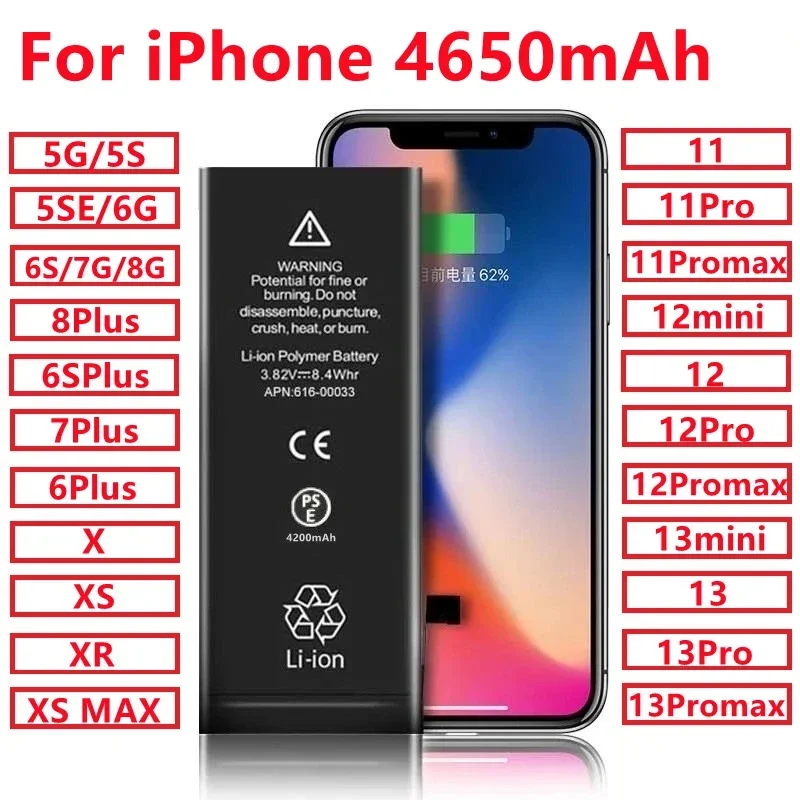 4650mAh 0 Cycle Replacement Bateria for IPhone 5S SE 6 6S 7 8 Plus X XR XS Max 11 12 13 14 Pro Max Original Mobile Phone Battery