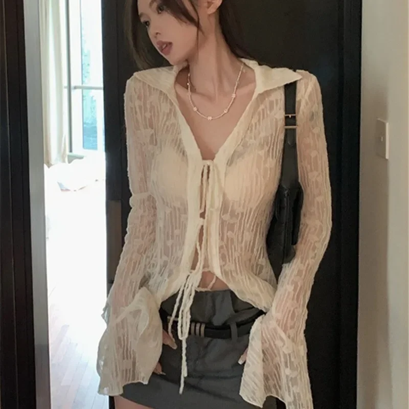 QWEEK Elegant White Lace Up Transparent Shirts Woman Slim Long Sleeve Blouses Korean Cardigan Summer Youthful Chic Aesthetic