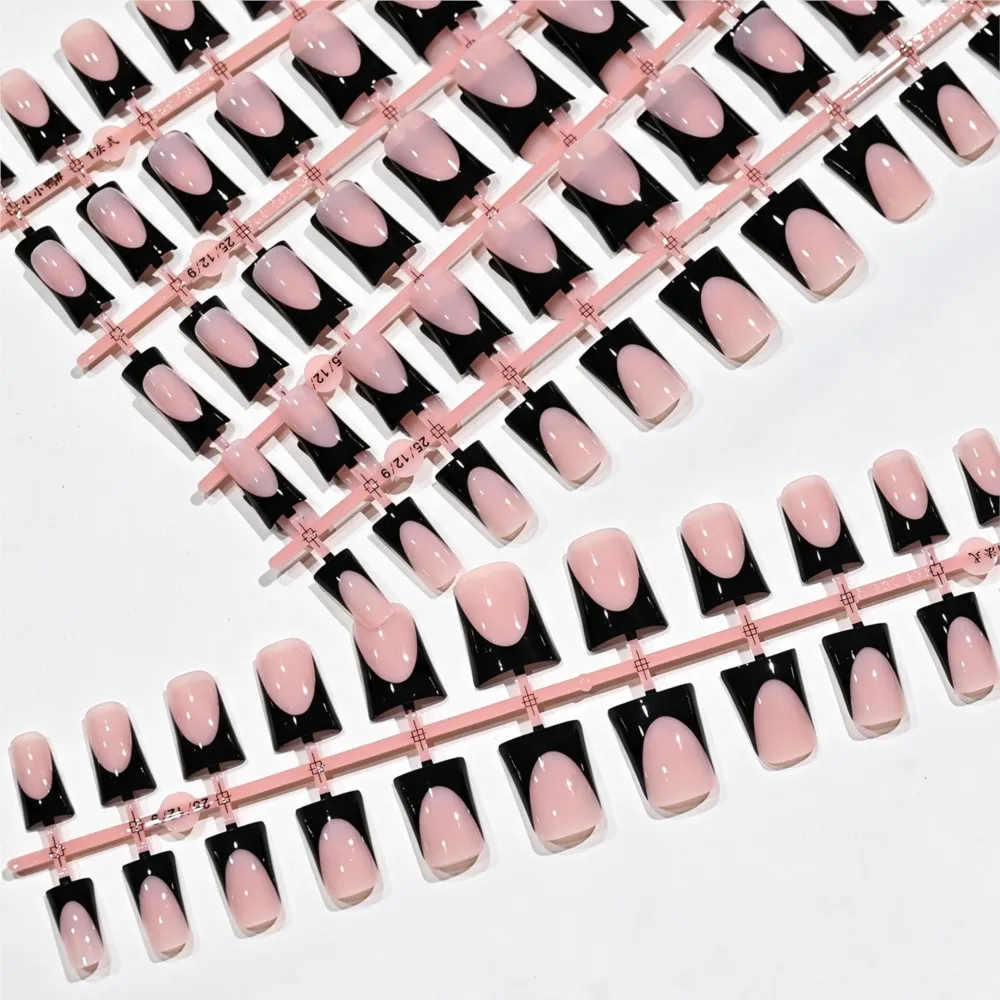 120pcs Glossy Black French Duck False Nails, Medium Tips