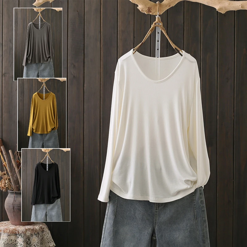 Fashionable Long Sleeve T-Shirt Women's Loose Base Shirt Shoulder Width Regular Cotton Korean Style round Neck Classic Pattern