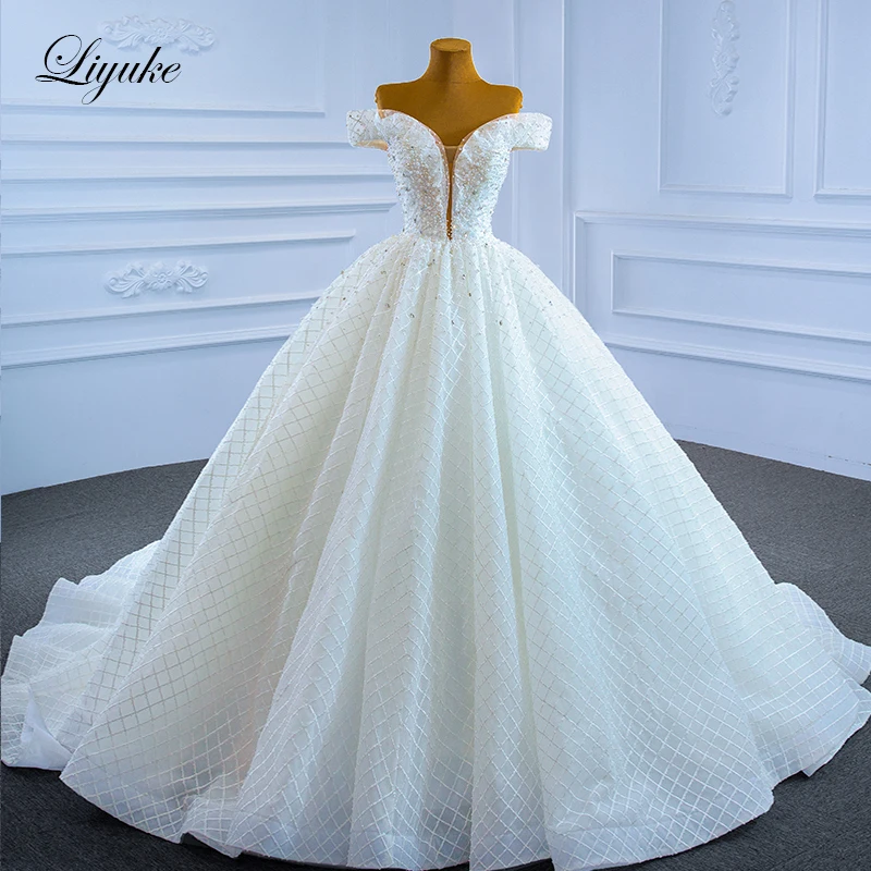 Liyuke Elegant Grid Yarn Ball Gown Wedding Dresses With Beading Pearls Corest Back