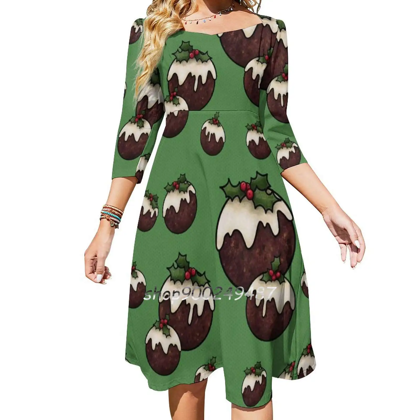 Christmas Puddings With Holly , Green Square Neck Dress Sweet Summer Dress Women Elegant Halter Print Dress Joanandrose Holiday