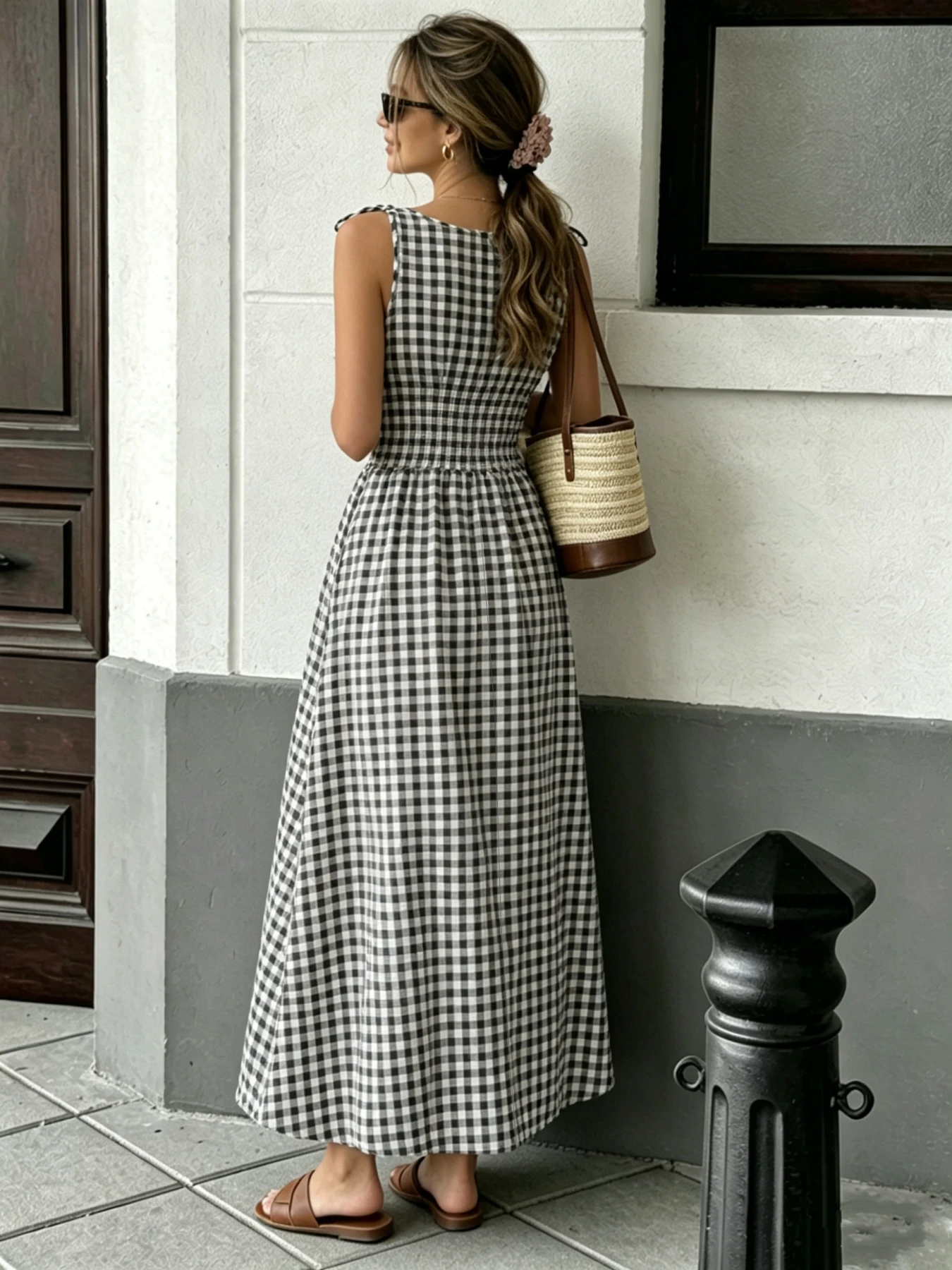 Sommermode Neuer Stil Frischer Ins-Stil Vielseitiges Gittermuster Taillenzugband Langes Kleid – Detail 6