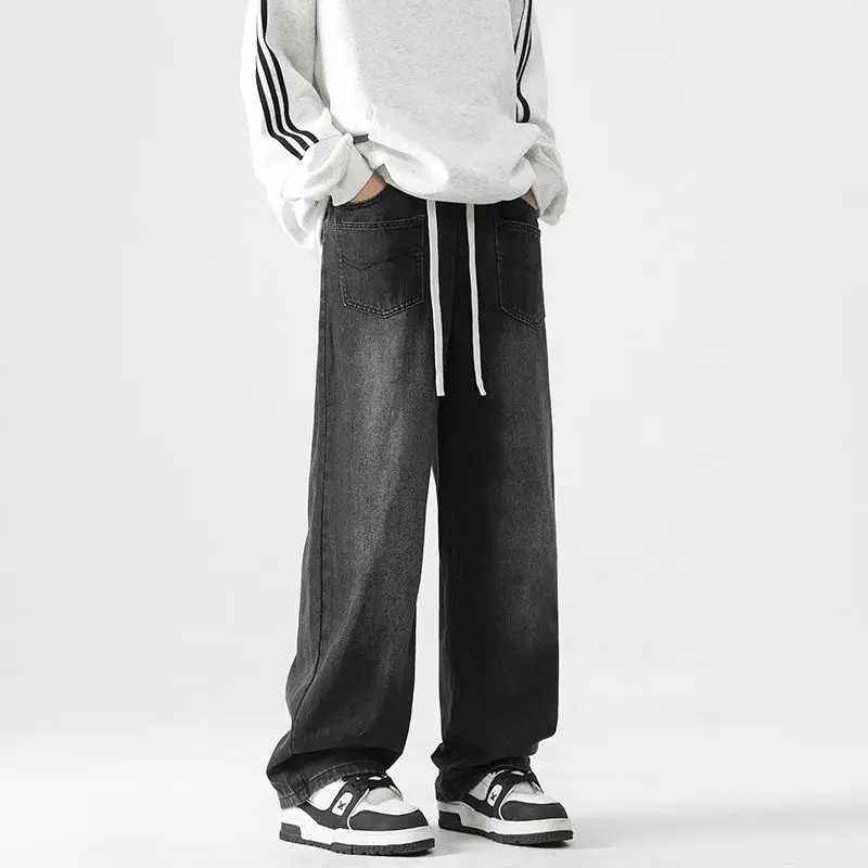 メンズハイストリートジーンズレトロ秋新作カーブドナイフルーズブラックアメリカンワイドレッグパンツカジュアルストレートレッグパンツ